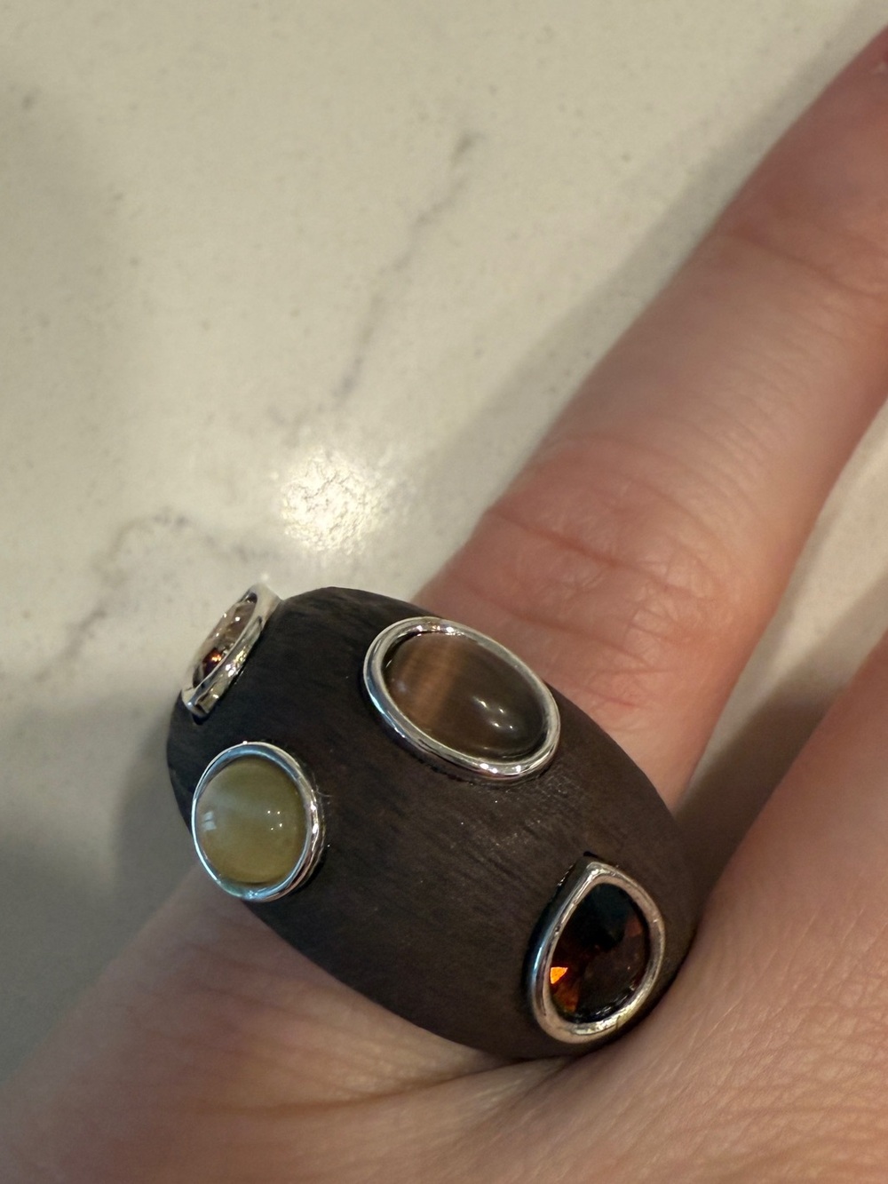 Multi-Stone Wood Dome Statement Ring - Brown with Amber & Taupe Stones Size 6.25